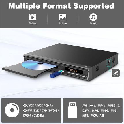 HDMI DVD-mängija 1080P, mitme regiooni tuvastus teleri jaoks, HDMI AV-port/USB/mikrofoni sisend, NTSC/PAL süsteem, kaugjuhtimispult, HD kõigi piirkondadega