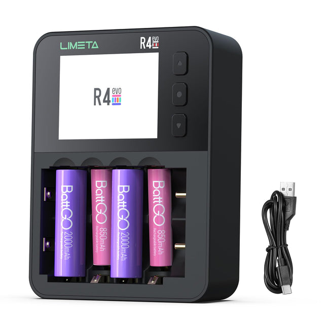 LIMETA 18650 akulaadija - universaalne 6 pesaga kiirlaadija AA, AAA, liitium-, liitiumioon-, LiFePO4 ja nikkel-metallhüdriidlaetavatele akudele, USB-kaabli ja LCD-ekraaniga laadija