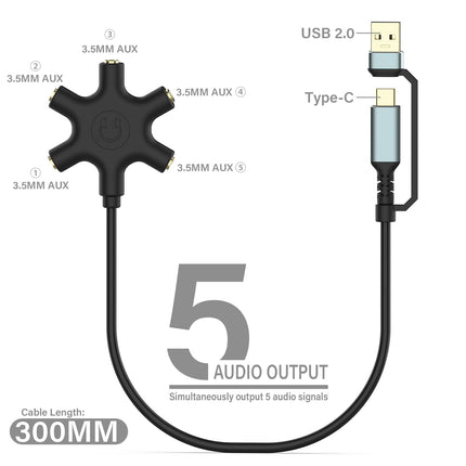 HIEbee USB A/C to Headphone Splitter, 5-Jack 3.5 mm Audio Headphone Splitter Stereo Audio Headset Adapter, Audio Earphone Connector 5-Way 1 Male to 4 Female Splitter with 3.5 mm Stereo Cable
