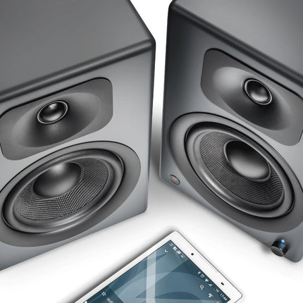 wavemaster TWO PRO stone gray – Bookshelf speaker system (110 watts) with Bluetooth streaming, digital connections, and IR remote control. Active speakers for use with TV/tablet/smartphone, dark gray (66352)
