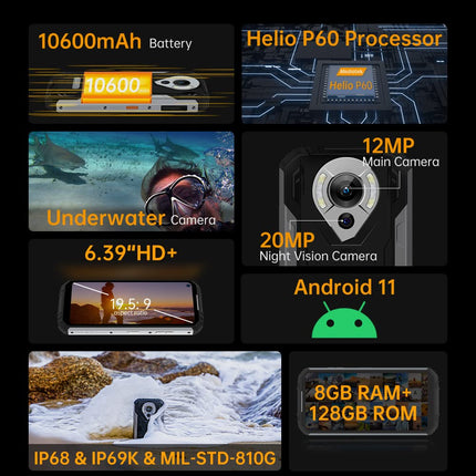 OUKITEL Outdoor Smartphone Without Contract WP16, 10600mAh Battery Mobile Phone, 20MP Night Vision Camera, IP68 Waterproof Shockproof Android 11, Helio P60 Octa Core 8GB 128GB, 6.4'' HD+, Dual SIM, GPS NFC Orange