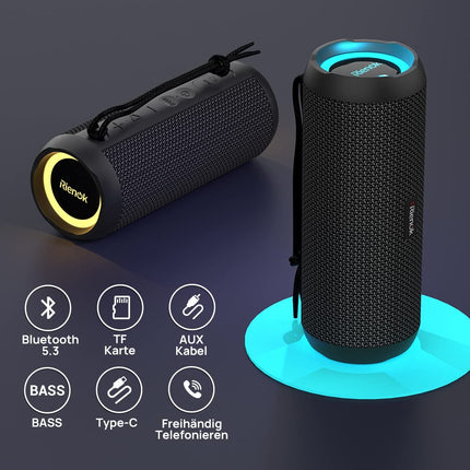 RIENOK Bluetooth Speaker with Light Bluetooth 5.3 Music Box Bass Wireless Box with IPX7 Waterproof Stereo Sound Portable