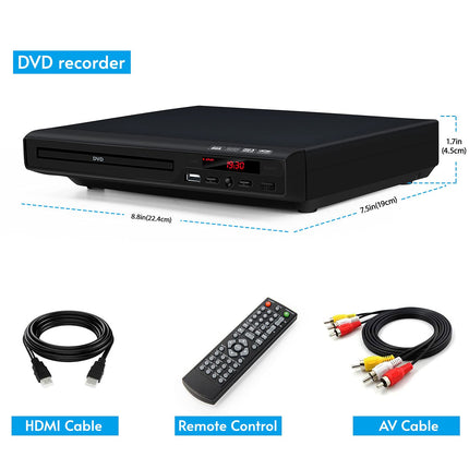 TLarder DVD-mängija telerile HDMI-väljundiga, Full HD 1080p ülesskaleerimine, ühildub mitme vorminguga, toetab kõiki piirkondi ja plaadivorminguid, sisaldab kaugjuhtimispulti ja AV/HDMI-kaablit