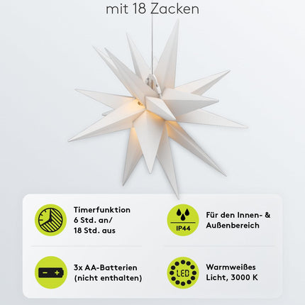 goobay 64788 LED Christmas Star 3D Ø 56 cm/Star with 18 points and timer/Christmas decoration/for atmospheric atmosphere/Battery-operated/Wall decoration/Illuminated star/White