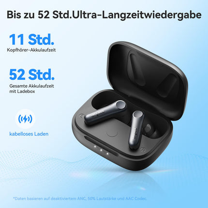 EarFun Air Pro 4 Bluetooth-kõrvaklapid adaptiivse hübriidmüra summutusega, aptX Lossless tehnoloogia, kõrglahutusega heli, LDAC, 6 mikrofoni, cVc 8.0 tehisintellektiga kõned, 52-tunnine aku tööiga, Multipoint, Bluetooth 5.4 ja kõrvasisese tuvastus.