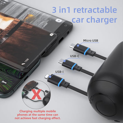 OHLPRO mitme peatoega sissetõmmatav autolaadija, 3-ühes USB-C laadimiskaabel, sissetõmmatav tagaistme autolaadija iPhone'ile, Samsungile, Androidile, ideaalne taksodele, Uberile, šofööridele, reisitarvikutele