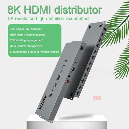 HDMI 2.1 jaotur 8K@60Hz HDMI jaotur 1 sisse ja 10 väljundisse Automaatne lüliti Mitme HDMI-pordi lüliti Toetab 4k@120hz 40Gbps Mitme HDMI-pordi adapterit telerimonitorile Toetab EDID HDR 3D CEC väljundit