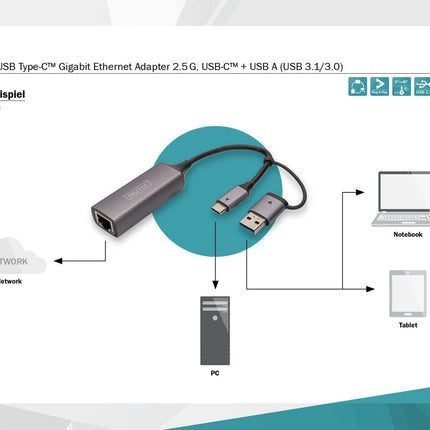 DIGITUS USB Network Adapter - 2.5 Gbit/s - RJ45 to USB 3.1 - incl. Type-A Adapter - Full-Duplex - Auto MDI-X - Gray