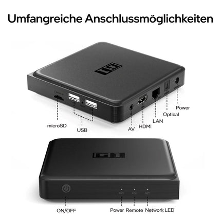 Android TV Box G1 4K HDR nutikas voogedastusmängija 4 GB RAM WLAN/WiFi 6 LAN USB | Chromecast | Netflix | Prime Video | Disney+