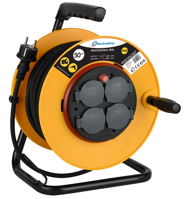 Electraline 49039, Professional kaablirull, H05VV-F 3G2.5 50 m kaabel/kaablirull 4 Schuko pistikupesaga, IP40, kollane