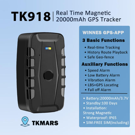 TKMARS TK918 4G GPS Tracker 20000mAh Long Battery Life, No Subscription, Magnetic, Waterproof IP67, Real-time Tracking Locator for Car, Multiple Alarm Modes with Free App