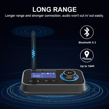 Ainostone 3-in-1 Bluetooth 5.3 saatja-vastuvõtja 2 kõrvaklapi jaoks Bluetooth-heliadapter madala latentsusega Bluetooth-saatja möödaviigu lülitiga helitugevuse reguleerimine AUX optiline RCA teleri stereosüsteemile arvutile