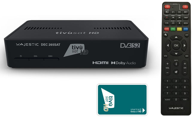Majestic DEC 265 SAT satelliitvastuvõtja, toetab HEVC Main 10, programmeeritavat kaugjuhtimispulti, HD Smartcardi ja USB-sisendit
