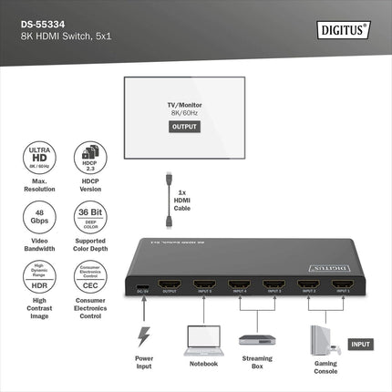 DIGITUS DS-55334 HDMI-lüliti 5x1 – 5 sisendit, 1 väljund – UHD 8K/60 Hz HDTV: 7680 × 4320p – HDCP 2.3 ja HDMI 2.1 – HDR, CEC, Deep Color, DTS, Dolby Digital, LPCM – teleri, monitori, PS5, PS4, Xboxi jaoks