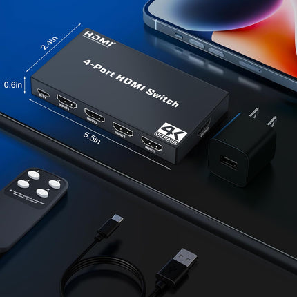 4K HDMI Switch 4 in 1 Out, HDMI Switch with Remote Control, Supports Dolby Vision, Compatible with PS5, Xbox, Apple TV, DVD Player