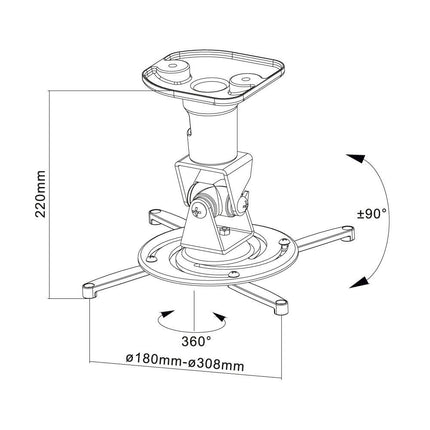 PureMounts projektori laekinnitus Spider-Plus-B - 25-kraadine kallutus ja 360-kraadine pöörlemine, 220 mm lae kõrgus, (15 kg), aukude vahe 180-310 mm, must