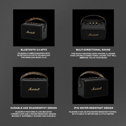 Marshall Kilburn II Bluetooth Portable Water-Resistant Speaker, Wireless - Black and Brass