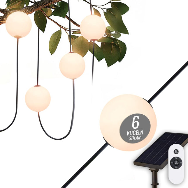 8 aastaaja disainiga päikeseenergial töötav aiavalguskett, 5,5 m - Hõõguv elegants - hämardatav, 6 valget palli (10 cm läbimõõduga), soe valge LED, patareitoitega, sise- ja välistingimustes kasutamiseks, kaasas kaugjuhtimispult, laetav USB-C kaudu
