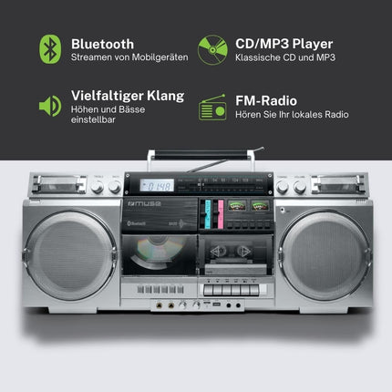 MUSE M-380GBS Retro Cassette Boombox with CD Player, AUX and Bluetooth, Smartphone Compatible, Cassette Recorder Cool Vintage Design
