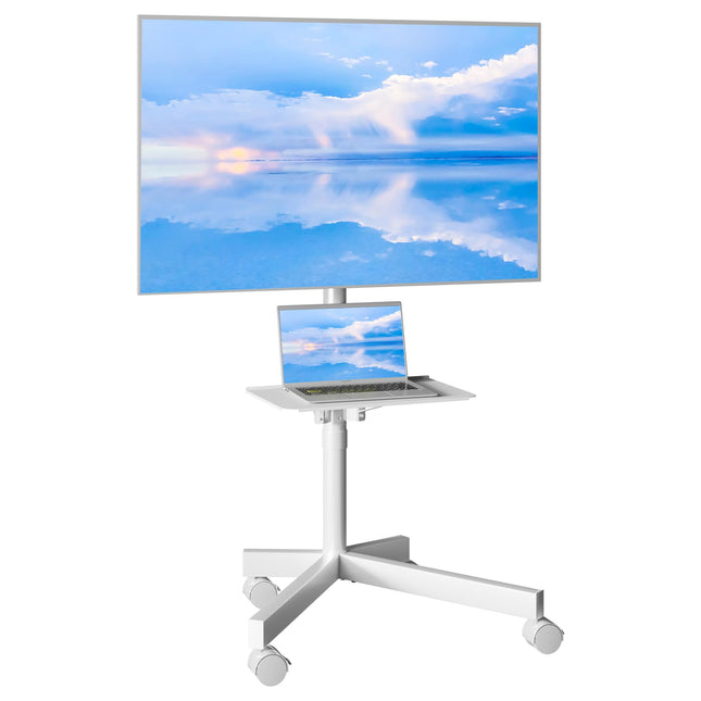 BONTEC mobiilne telerialus ratastel 23–60-tollistele plasma-/LCD-/LED-teleritele, kaasaskantav telerialus sülearvuti riiuliga, reguleeritava kõrgusega rulluv telerialus kuni 25 kg, max. VESA 400x400 mm (valge)