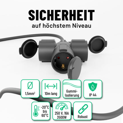 greate 3fach Verlängerungskabel 10 Meter aussen - Verlängerungskabel außen wasserdicht IP44-3 Fach Mehrfachsteckdose Verlängerung für Aussenbereich 10m 3500 W, Outdoor Extension Cord Waterproof