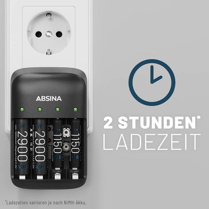 ABSINA akulaadija AA AAA ja 9V - NiMH laadija akude jaoks, 4 sahtliga laetavatele akudele - akulaadija AAA, AA ja 9V plokkidele - akulaadija, akulaadija