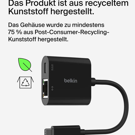 Belkini USB-C/Etherneti ja laadimisadapter (100W) gigabiti Etherneti ja USB-C pordiga – 10/100/1000 Mbps kiireks internetiühenduseks – ühildub iPhone 16, Samsung Galaxy S24 ja teistega.