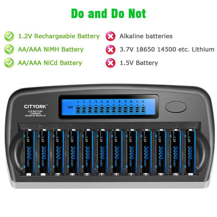 CITYORK AA AAA Battery Charger 12 Slots, LCD Battery Charger for AA/AAA NI-MH NI-CD Rechargeable Batteries with Discharge as well as integrated IC Protection and Power Supply