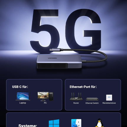 UGREEN 5Gbps USB C LAN-adapter Etherneti adapter 5000Mbps RJ45 võrguadapter, mis ühildub NAS-i, MacBook Pro M4, Mac mini M4, XPS-i jne-ga.