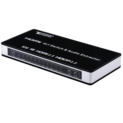 Tendak HDMI 2.0 lüliti 4-pordiline HDMI lüliti 4K HDMI jaotur HDMI lüliti 4-ühele optilise ja L/R heli ekstraktoriga kaugjuhtimispuldiga Toetab UHD 4K@60Hz HDCP 2.2 ARC 3D