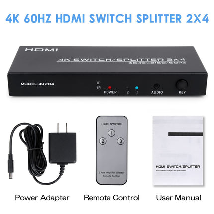 HDMI-lüliti jaotur 2 sisendit ja 4 väljundit, HDMI-jaotur lüliti puldi ja SPDIF-i ning 3,5 m heliväljundiga, toetab 4K@60Hz HDCP2.2 HDR-i, arvutimonitoride, PS4 teleri, sülearvuti ja Xboxi jaoks