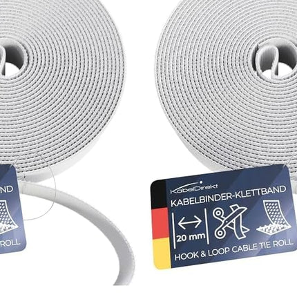 KabelDirekt – Cable Ties Hook and Loop Tape – 10 m Roll, 20 mm Wide – Cuttable Hook and Loop Roll/Cable Management with Hook and Loop Fastener (Waterproof, Environmentally Friendly, Reusable – White) (Pack of 2)