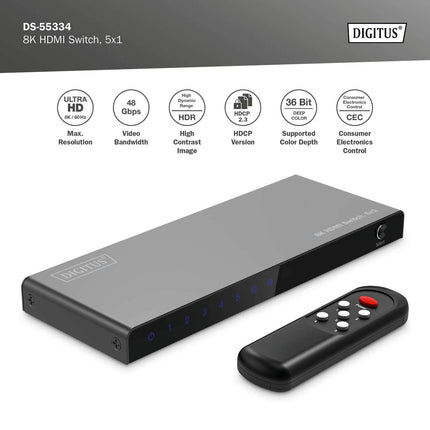 DIGITUS DS-55334 HDMI-lüliti 5x1 – 5 sisendit, 1 väljund – UHD 8K/60 Hz HDTV: 7680 × 4320p – HDCP 2.3 ja HDMI 2.1 – HDR, CEC, Deep Color, DTS, Dolby Digital, LPCM – teleri, monitori, PS5, PS4, Xboxi jaoks