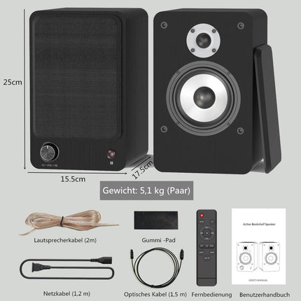 Aktiivne Bluetooth-riiulikõlaripaar - HiFi-kõlar 100W RMS - USB/AUX/optiline sisend/koaksiaalsisend/RCA-sisend - 4" kesksagedus-bass ja 1" kõrgsageduskõlar - kompaktne riiulikõlar - must