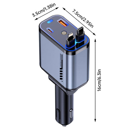 4-in-1 Retractable Car Charger, 120W Fast Charger Car Adapter, Dual USB-C Car Cigarette Lighter Charger, Compatible with iPhone 15/14/13/12, Samsung Galaxy S24, iPad Pro, PD30W &amp; QC3.0