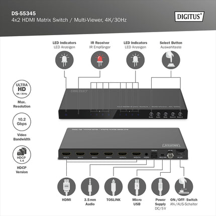 DIGITUS DS-55345 HDMI Matrix Switch 4x2 – 4 In 2 Out – UHD 4K/30 Hz HDTV: 3840 x 2160p – HDCP 1.4 &amp; HDMI 1.4b – Multi-Viewer, Split-Screen, Pip – RS232, Audio (Toslink, Stereo 3.5mm)
