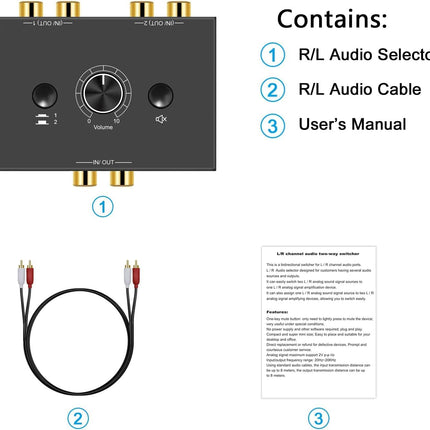 UNSTINCER RCA Cinch audio lüliti 2(1)-sisend-1(2)-väljund, analoog stereo lüliti helitugevuse regulaatoriga, kahesuunaline Aux heli valiku lüliti jaotur fono kõrvaklappide võimendi arvuti kõlari jaoks