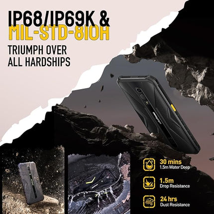 Ulefone Armor X12 õuetelefon Android 13 Go, 6GB+32GB(SD-256GB) IP69K vastupidav nutitelefon ilma lepinguta, soodne 4860mAh aku, 13MP+8MP 5.45" HD+, IP68K veekindel 4G kahe SIM-kaardiga, 3 kaardipesa/NFC/OTG/GPS