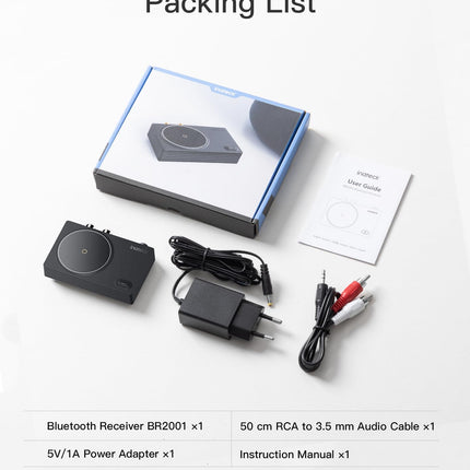 Inateck Bluetooth-vastuvõtja 5.1 audioadapter, 50 cm RCA - 3,5 mm AUX-kaabliga, stereosüsteemi/kõlari/3,5 mm peakomplekti jaoks, BR2001