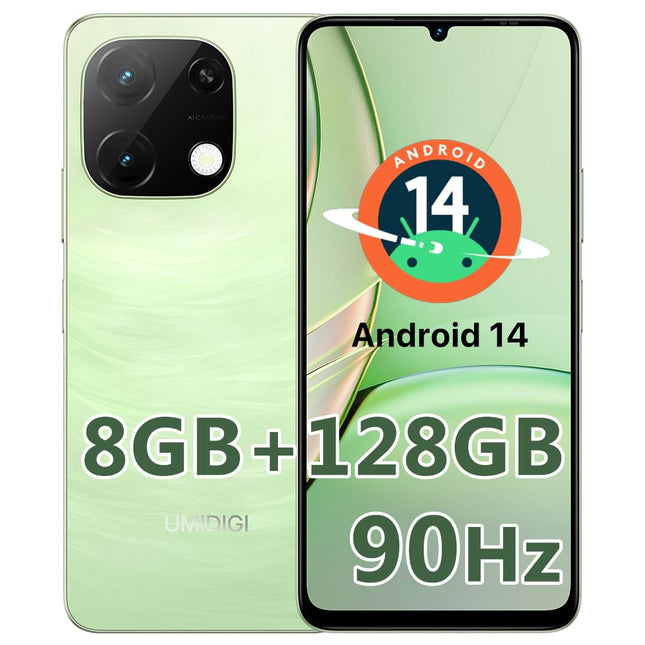 UMIDIGI G9T mobiiltelefon, Android 14 nutitelefon ilma lepinguta, 6,75 tolli 90Hz, 8 GB RAM 128 GB ROM 1 TB, 5000mAh, 13MP 8MP, kahe SIM-kaardiga 4G lukustamata mobiiltelefonid, sõrmejäljelugeja ja näotuvastus, GPS, 2,4G 5G WiFi, roheline