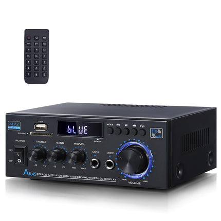 AK45 HiFi võimendi, stereovõimendi, 40W x 2 mini-audio vastuvõtja, 2-kanaliline Bluetooth 5.0 võimendi, digitaalne HiFi stereovõimendi, USB, SD, FM ja RCA-ga kodu- või autovarustuseks