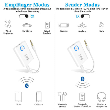 1Mii Bluetooth 5.3 adapter telerile, 2-ühes Bluetooth saatja-vastuvõtja, aptX adaptiivne ja HD traadita heli saatja-vastuvõtja pesa 3.5 kõrvaklappide stereosüsteemile, lennukile, MP3, 15 tundi mänguaega