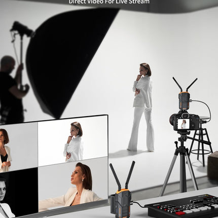 Traadita videoülekande komplekt 200M, Lemorele 5G 1080P HDMI traadita video saatja ja vastuvõtja HDMI loopouti ja IR-ga otseülekande, filmimise ja fotograafia jaoks, 2 * 4400 mAh aku kaasas