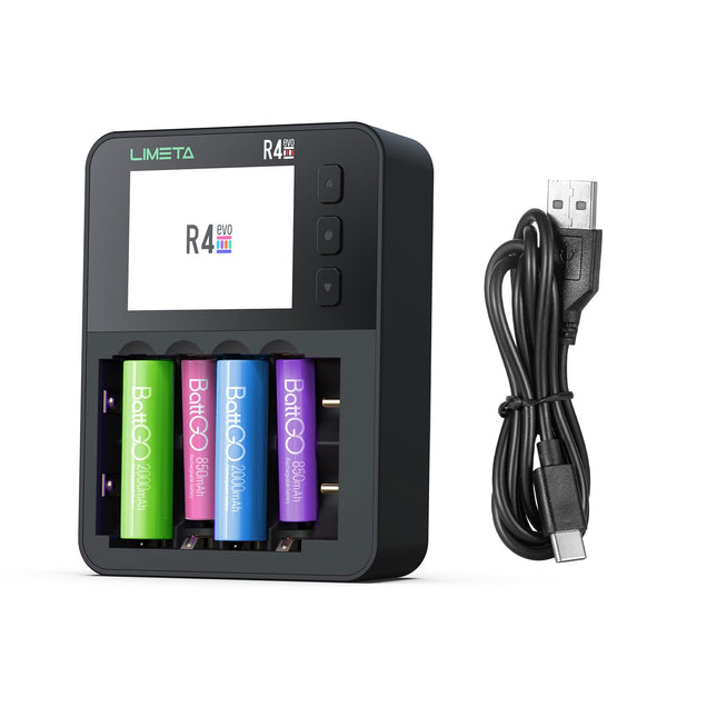 LIMETA R4EVO intelligentne akulaadija AA/AAA akude jaoks, millel on 6 pesa, ekraan ja C-tüüpi QC3.0 väljund. Samuti pakub see tsüklilist laadimist ja tühjendamist.