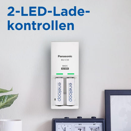 eneloop kompaktne laadija 1-2 AA/AAA NI-MH akule, 10 tundi laadimisaega, 9 ohutusfunktsiooni, sh 2 eneloop AA akut (2000 mAh)