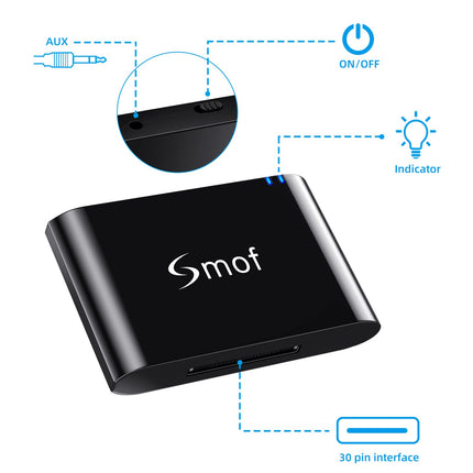 Smof 30-pin Bluetooth-adapter, madala latentsusega pod-telefoni adapter, 30-pin Bluetooth-adapter heli dokkimiseks/muusika dokkimisjaamadeks/stereoks, 30-pin kõlari dokkimisjaam (ei sobi autodele)