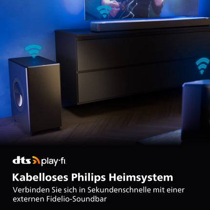 Philips Fidelio FW1-kanaliga juhtmevaba subwoofer | 420 W | Kinoheli | Sügav bass kodukino ja muusika jaoks | Harjatud metalli ja nahast viimistlus | DTS Play-Fi ja RCA-ühendus