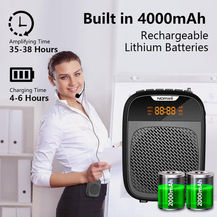 NORWII mini-häälevõimendi kaasaskantav laetav Bluetooth-laetav häälvõimendi 4000mAh kaabliga kõrvaklapid ja vöökoht, PA-süsteem isiklik häälvõimendi õpetajatele, giididele