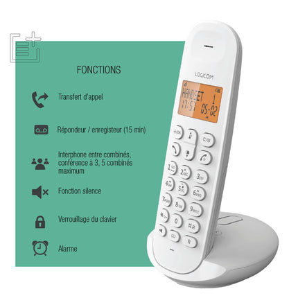 Logicom ILOA 155T juhtmeta lauatelefon automaatvastajaga – Solo – analoog- ja DECT-telefon – valge