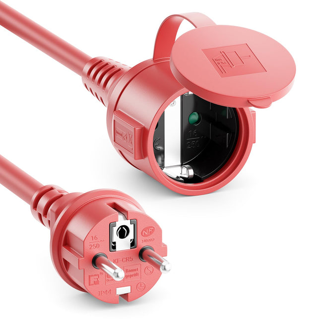 deleyCON 5m välistingimustes kasutatav pikenduskaabel, toitekaabel IP44 (H07RN-F 3G1.5mm²), ilmastikukindel kummist pikenduskaabel välistingimustes kasutamiseks - maanduskontaktiga pistik pistikupessa - punane